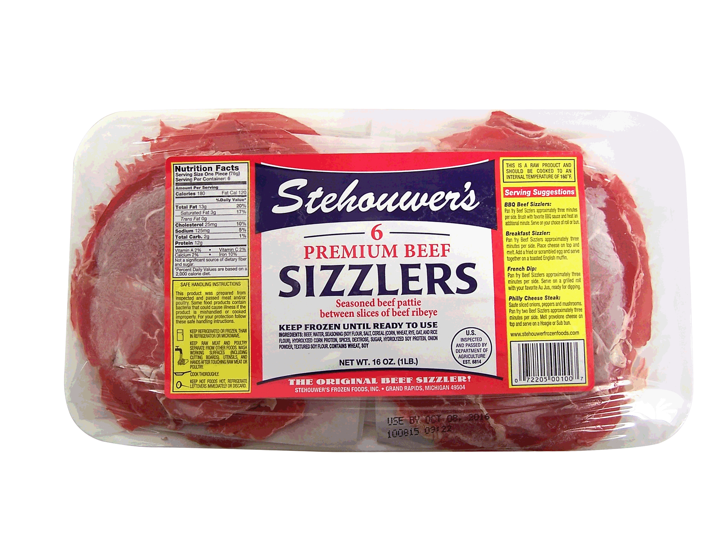 Stehouwer's  6 beef sizzlers, seasoned beef pattie between slices of beef ribeye Full-Size Picture